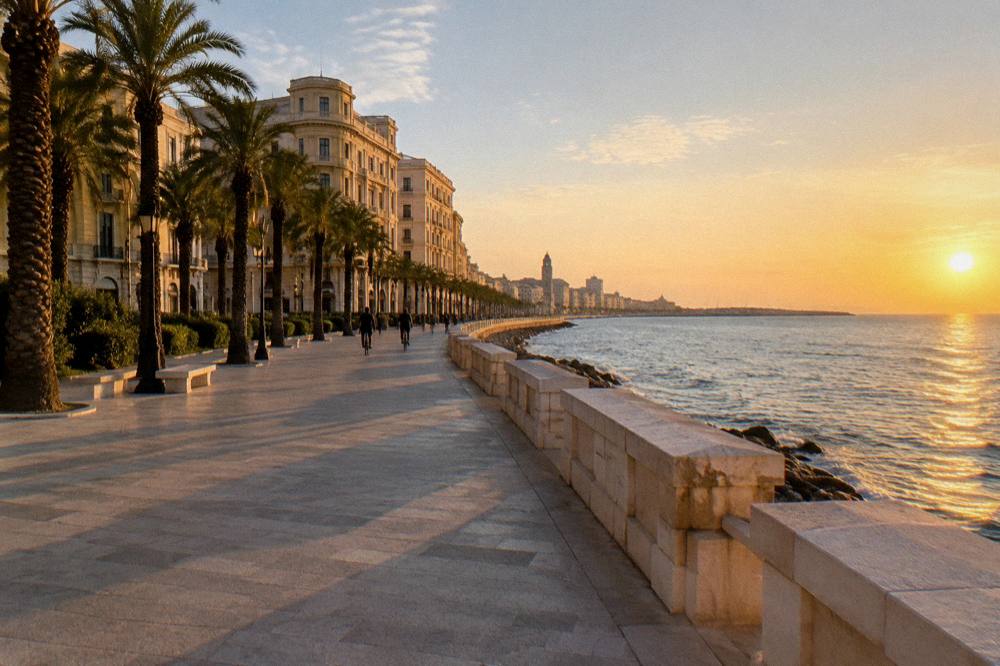 Broad seafront promenade beside a low sea wall with palm trees and a long curve of cream buildings