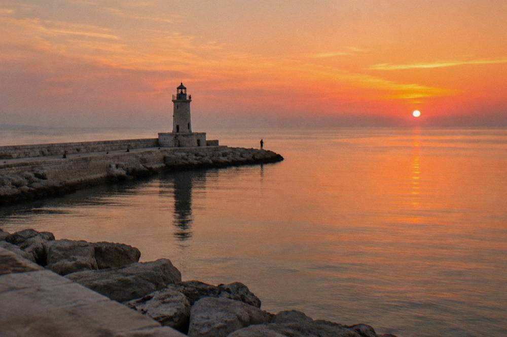 End of a harbour pier with a small lighthouse, glassy open Adriatic and a distant angler at sunset