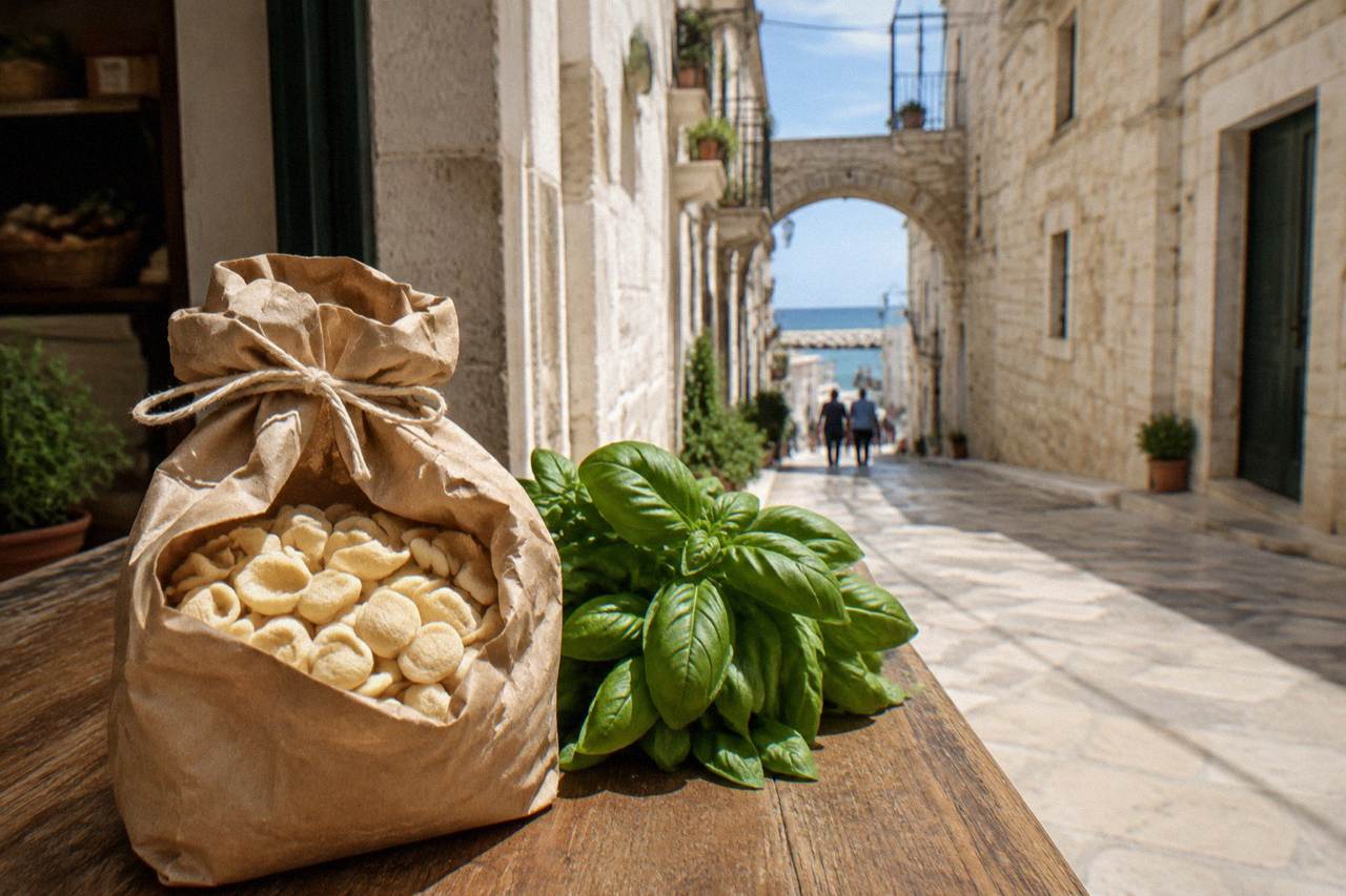 Paper bag of dried orecchiette tied with string on a wooden counter next to a bunch of basil