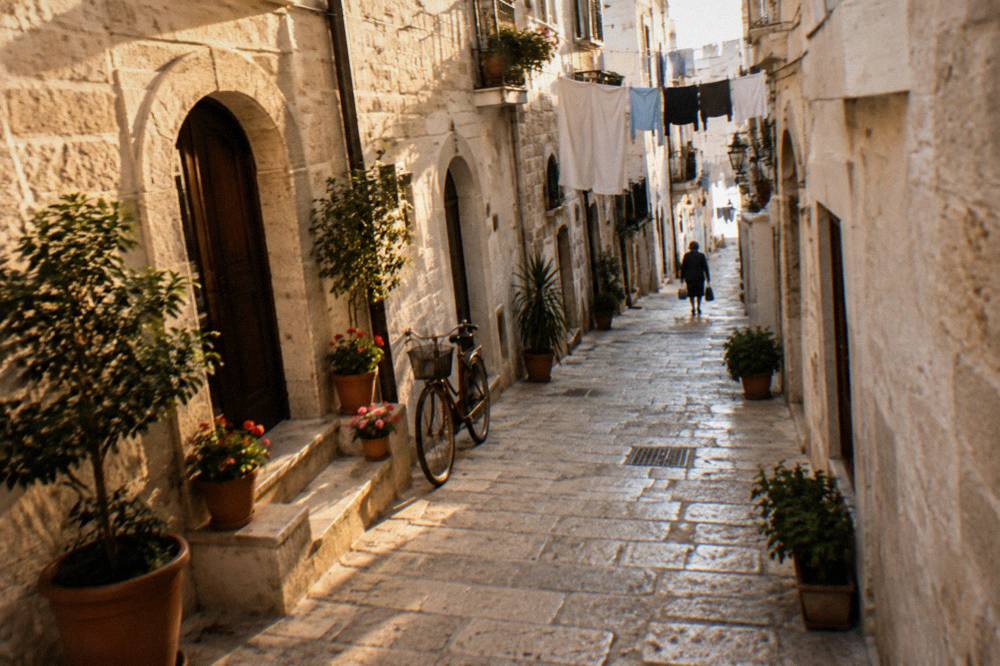 Narrow whitewashed old town lane with arched doorways, flower pots, washing overhead and a leaning bicycle in soft morning light