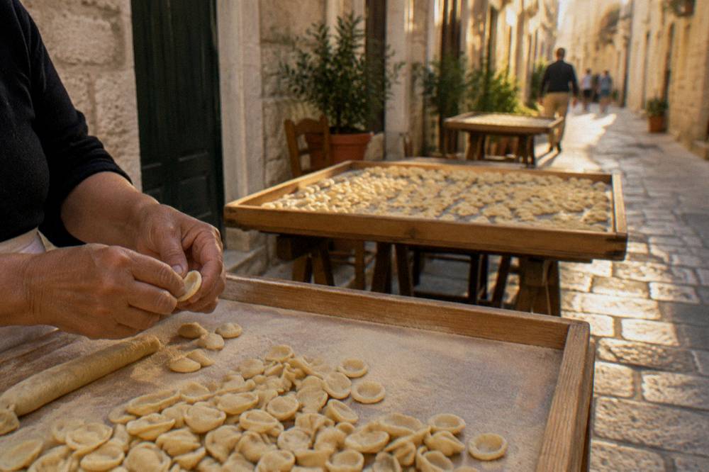 Handmade orecchiette drying on wooden trays on tables along a narrow old town lane, a pair of hands shaping pasta