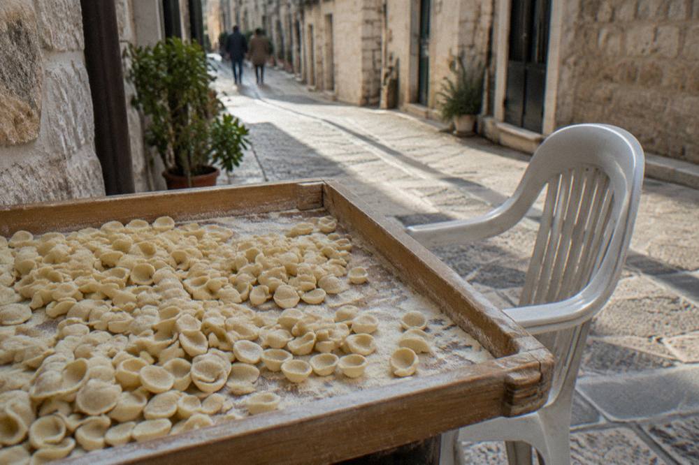 Tray of small ear-shaped orecchiette dusted with semolina on a wooden table beside a plastic chair