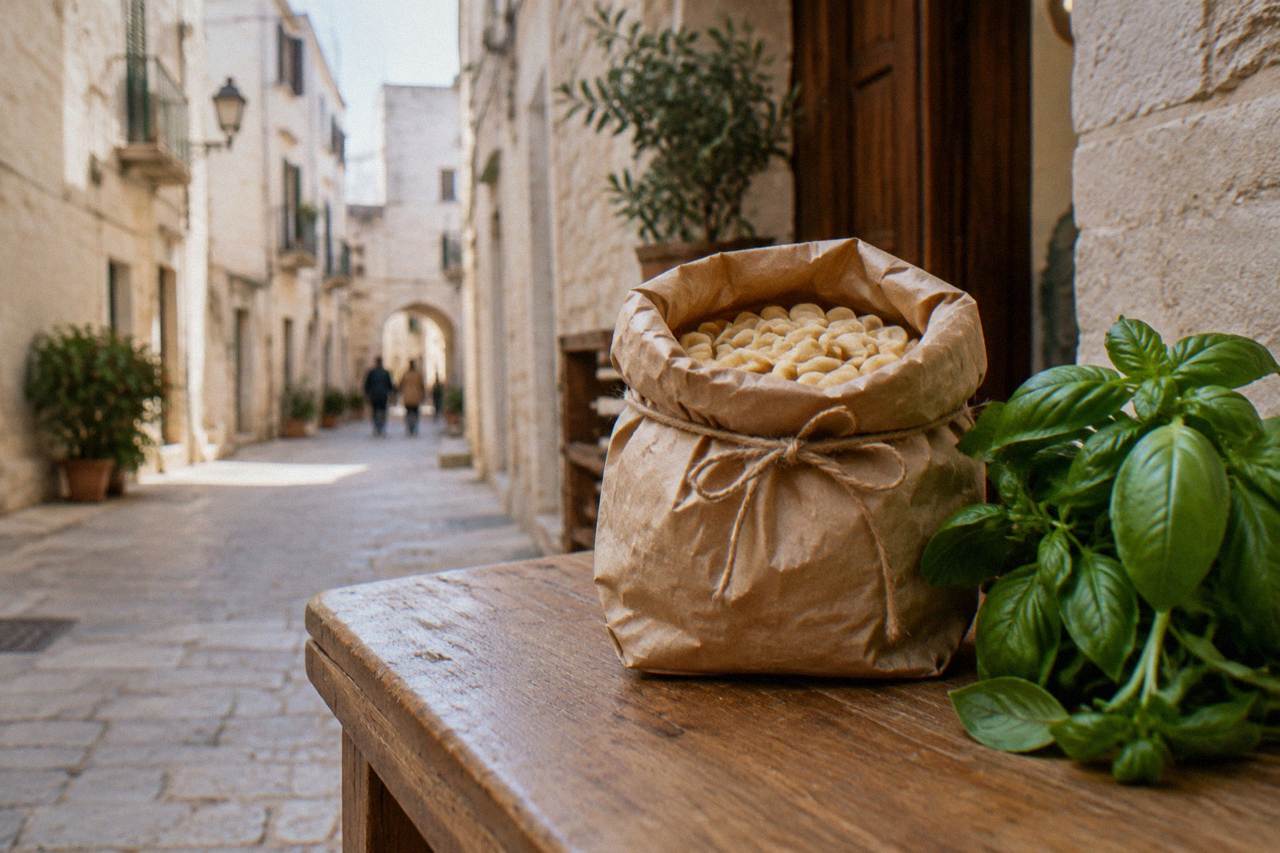 Paper bag of dried orecchiette tied with string on a wooden counter next to a bunch of basil