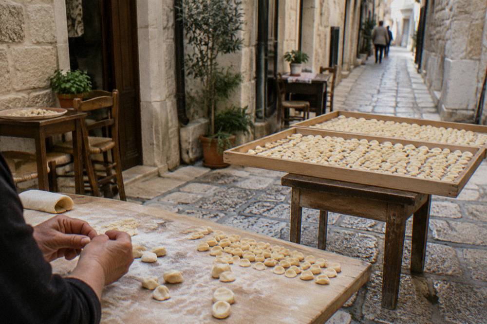Handmade orecchiette drying on wooden trays on tables along a narrow old town lane, a pair of hands shaping pasta