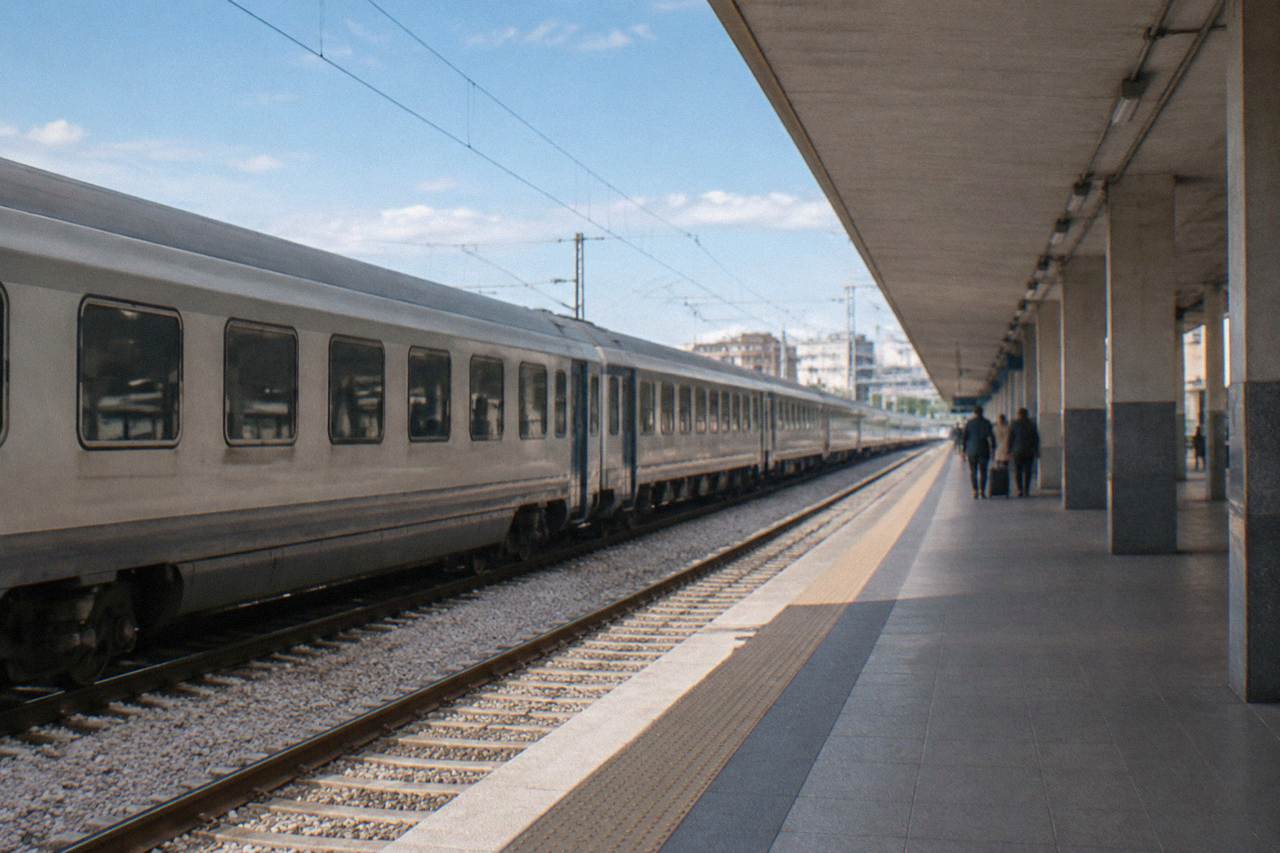 Regional train pulling into a station platform under a long canopy with a few distant waiting travellers