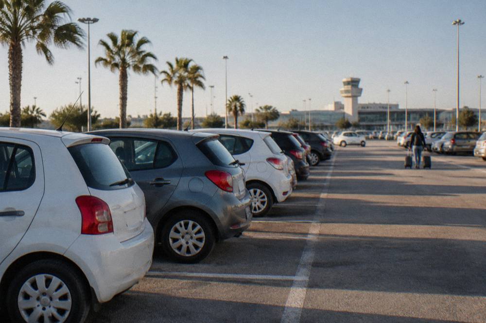 Rows of plain small rental cars in an airport car park with palm trees and a distant traveller with a suitcase