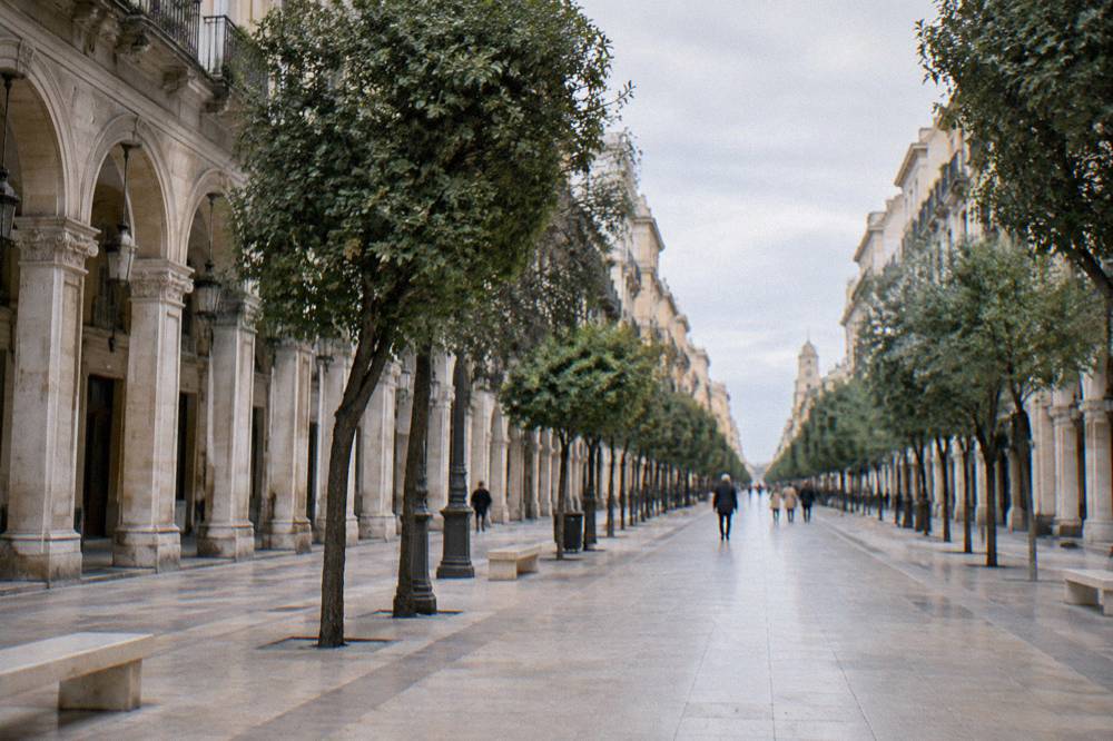 Long straight tree-lined boulevard of neoclassical buildings with arcaded ground floors