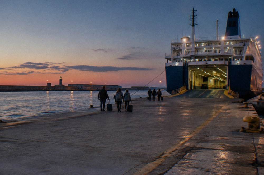 Distant passengers with wheeled suitcases walking along a quay toward a ferry's open loading ramp in evening light
