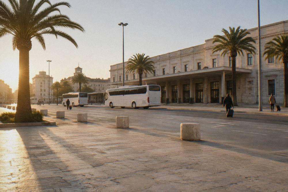 Station forecourt with plain white buses, palm trees and distant travellers with wheeled suitcases