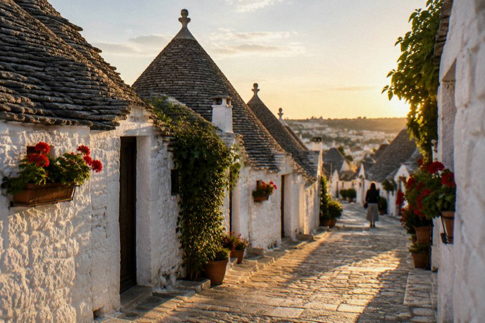 Quiet lane of conical-roofed houses at golden hour with long shadows and window boxes of geraniums