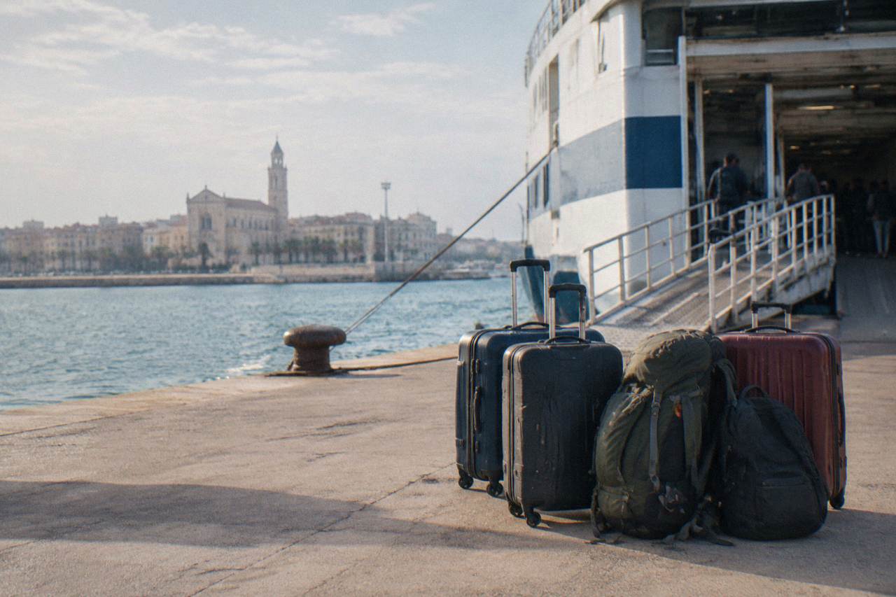 Suitcases and rucksacks stacked on a sunlit quay beside a ferry gangway with travellers waiting in the shade