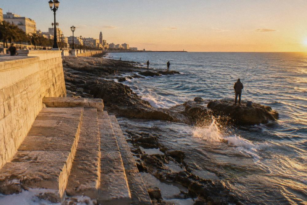 Stone steps down to flat limestone rocks below a sea wall with distant anglers fishing and light sea spray