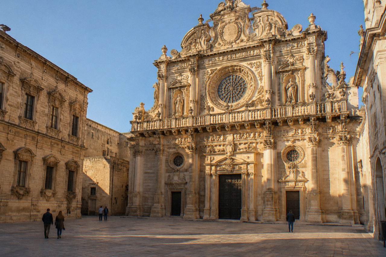 Richly carved baroque church facade of honey-coloured limestone with ornate balconies and a rose window