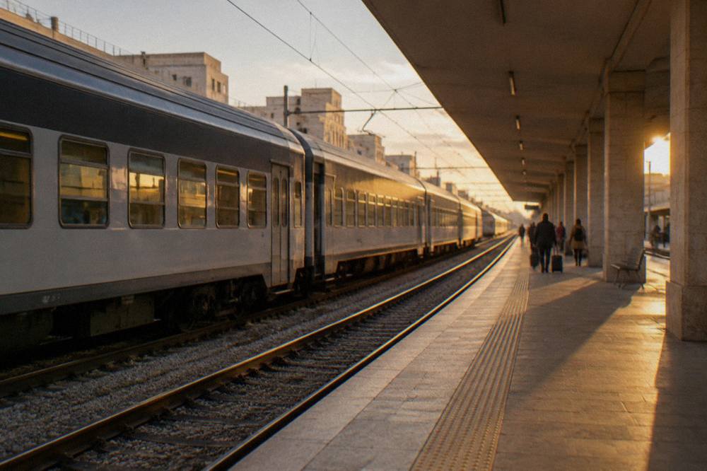 Regional train pulling into a station platform under a long canopy with a few distant waiting travellers