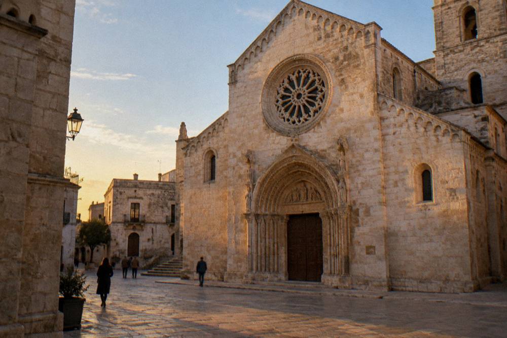 Romanesque cathedral in warm limestone with a carved rose window and portal on a small square
