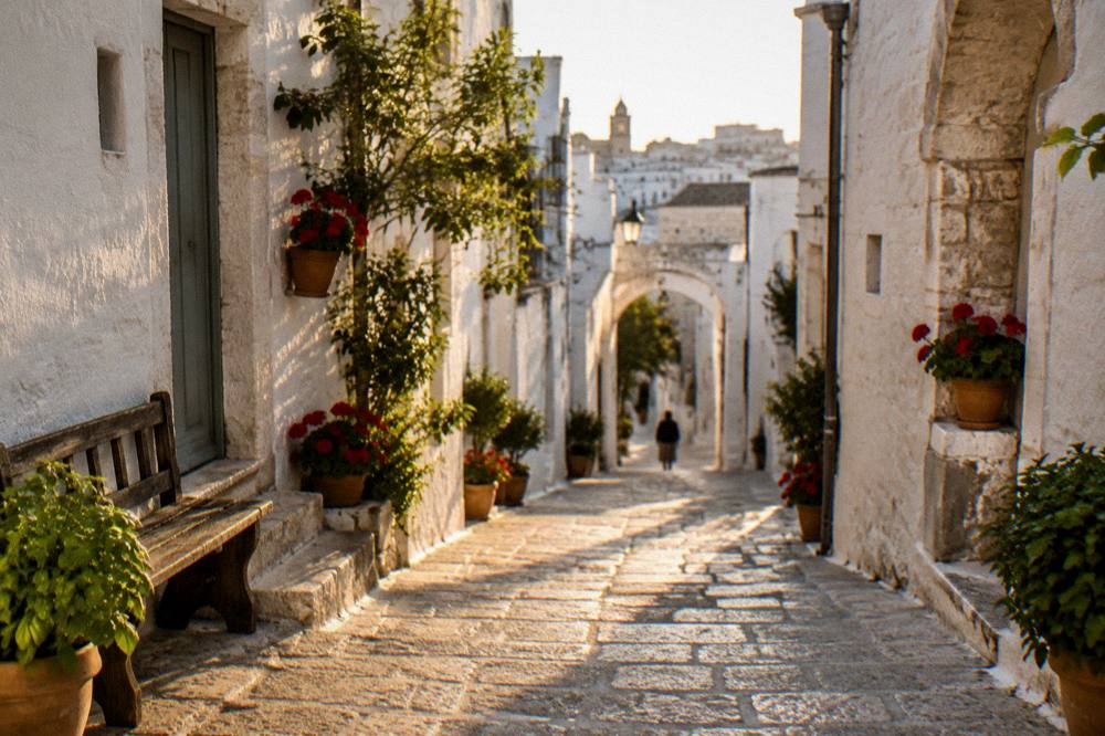 Whitewashed hill town lane with small stone arches, pots of basil and geraniums and a wooden bench