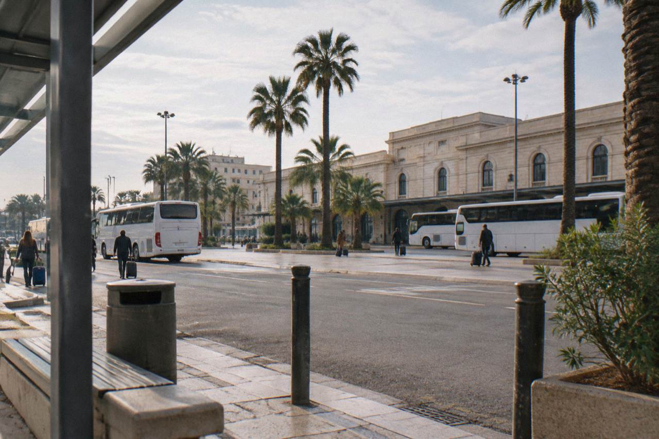 Station forecourt with plain white buses, palm trees and distant travellers with wheeled suitcases