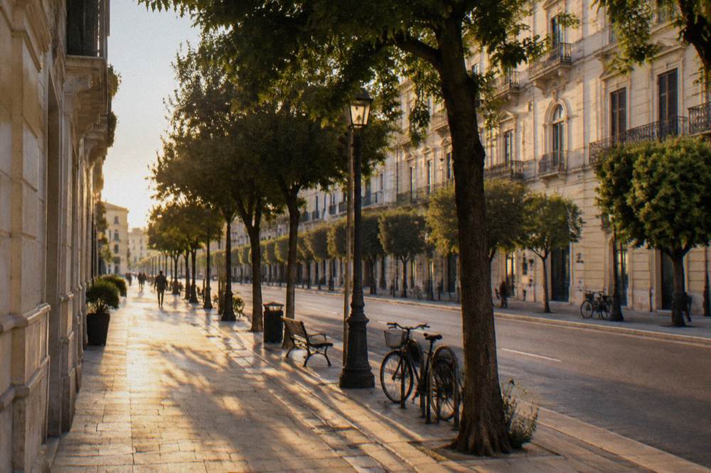 Tree-lined boulevard at golden hour with warm light on cream facades and long tree shadows