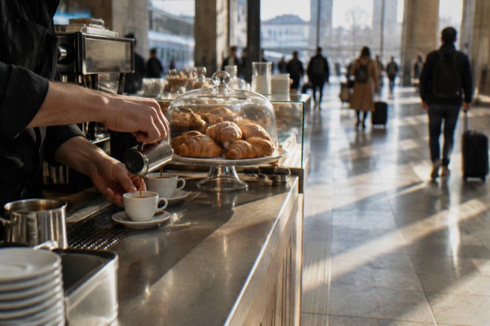 Station cafe counter with hands pouring an espresso and pastries under a glass dome