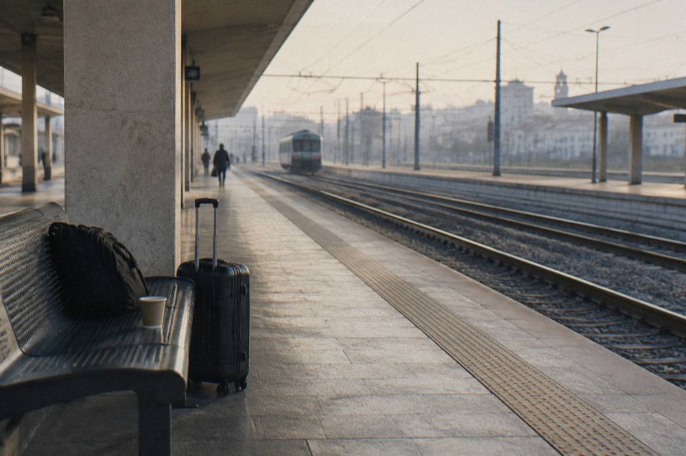 Platform bench with a suitcase and a paper cup beside empty tracks and a distant plain train