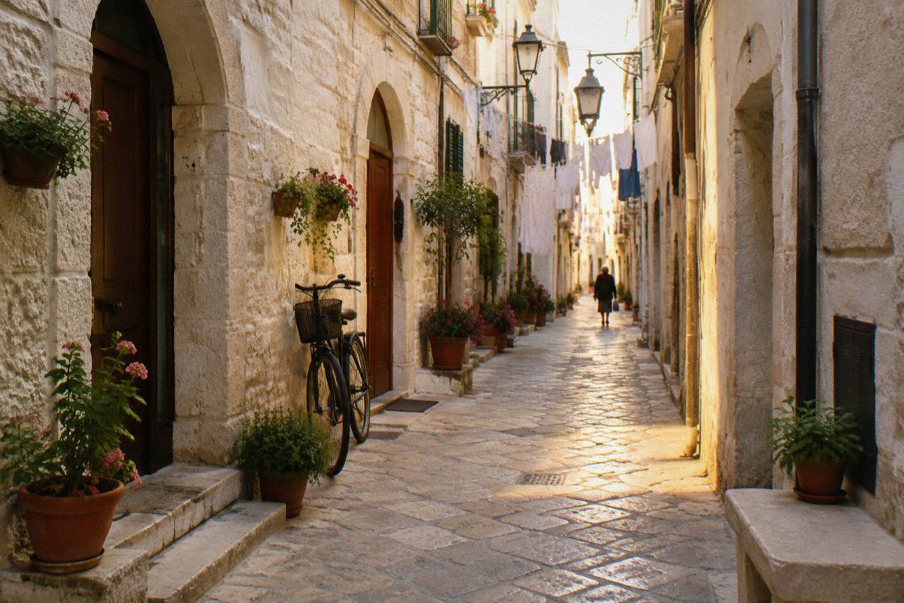 Narrow whitewashed old town lane with arched doorways, flower pots, washing overhead and a leaning bicycle in soft morning light