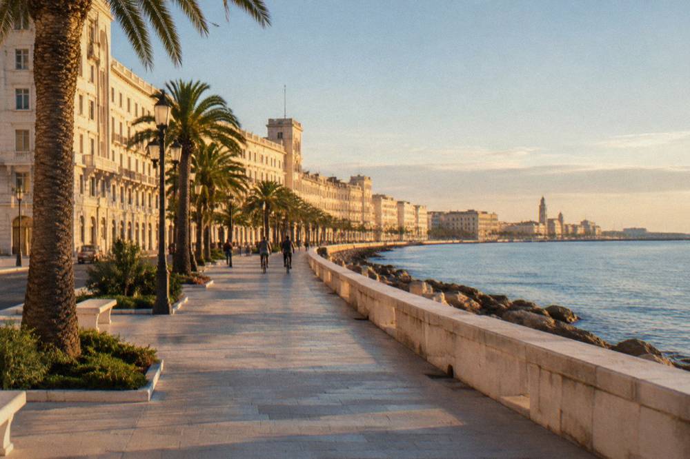 Broad seafront promenade beside a low sea wall with palm trees and a long curve of cream buildings