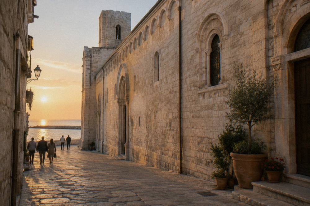 Long pale limestone flank of a Romanesque church seen from a narrow old-town lane with pots on a doorstep