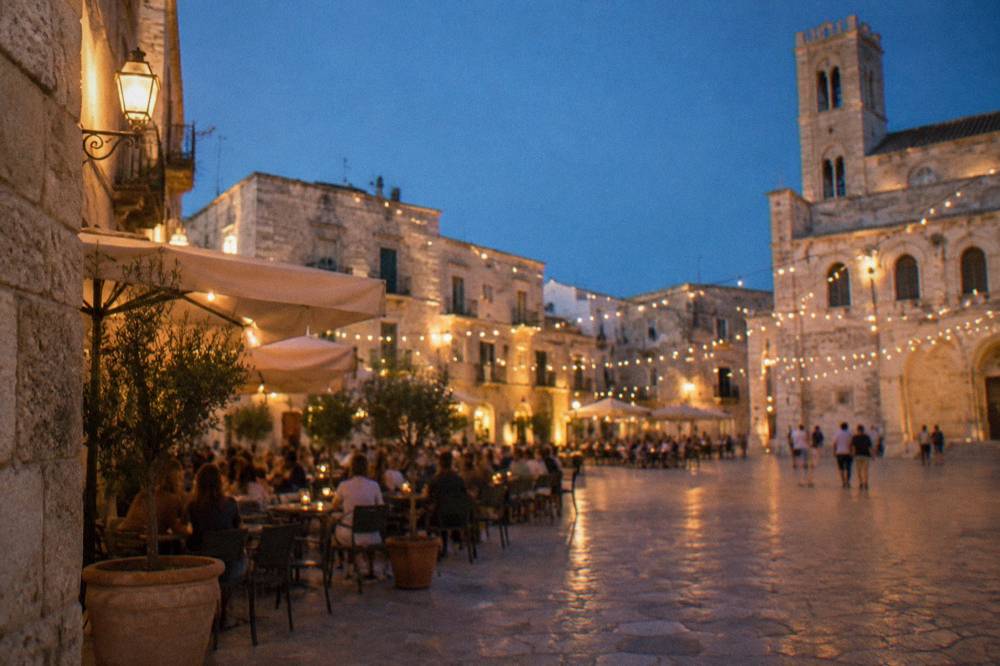 Pale limestone old town square at dusk with strings of lights and out-of-focus diners at cafe tables