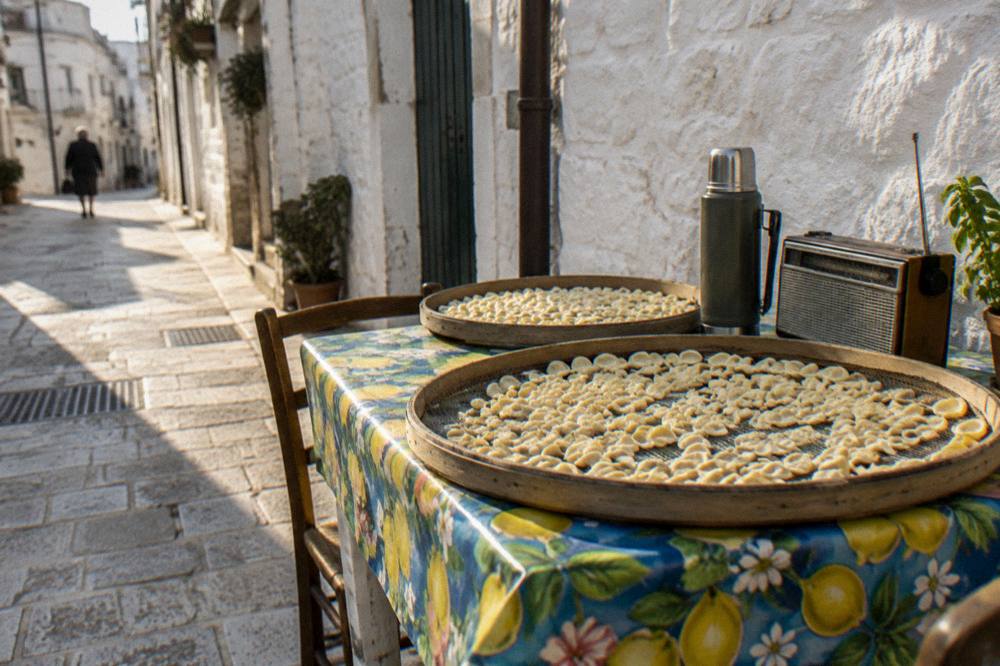Lane-side table with sieves of drying orecchiette, a thermos and a radio against a whitewashed wall