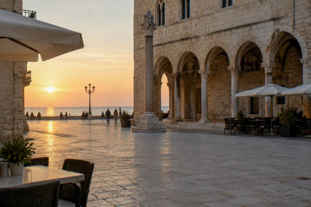 Old town square with a medieval arcaded loggia, a slender stone column and cafe tables under parasols in soft morning light