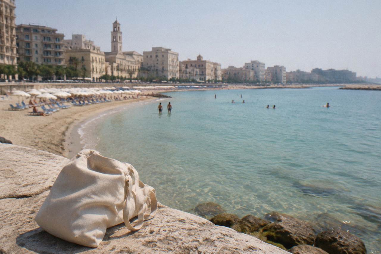 Small urban sandy beach with parasols in a curved bay, shallow turquoise water and seafront buildings behind