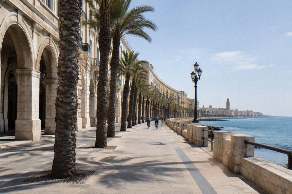 Broad seafront promenade beside a low sea wall with palm trees and a long curve of cream buildings
