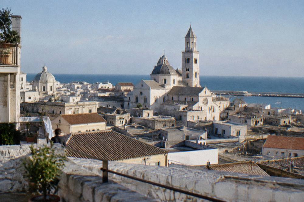 Terracotta and limestone rooftops and church domes of a dense old town seen from a high terrace with the sea beyond