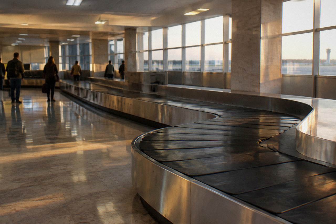 Baggage reclaim hall with an empty belt curving through and a few travellers watching far off