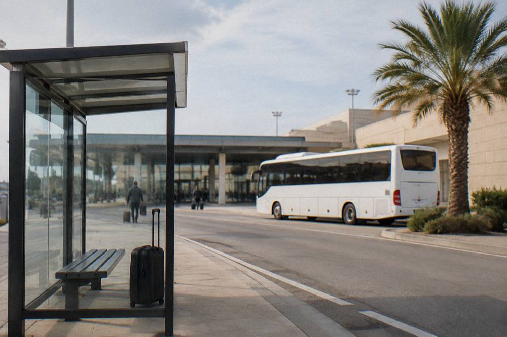 Bus shelter outside an airport terminal with a bench, a suitcase and a plain white bus waiting behind