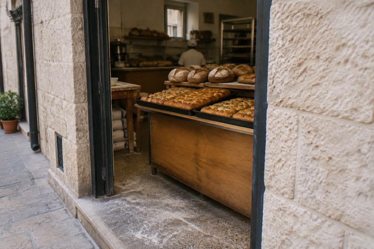 Neighbourhood bakery doorway with trays of golden focaccia and round loaves seen from the street