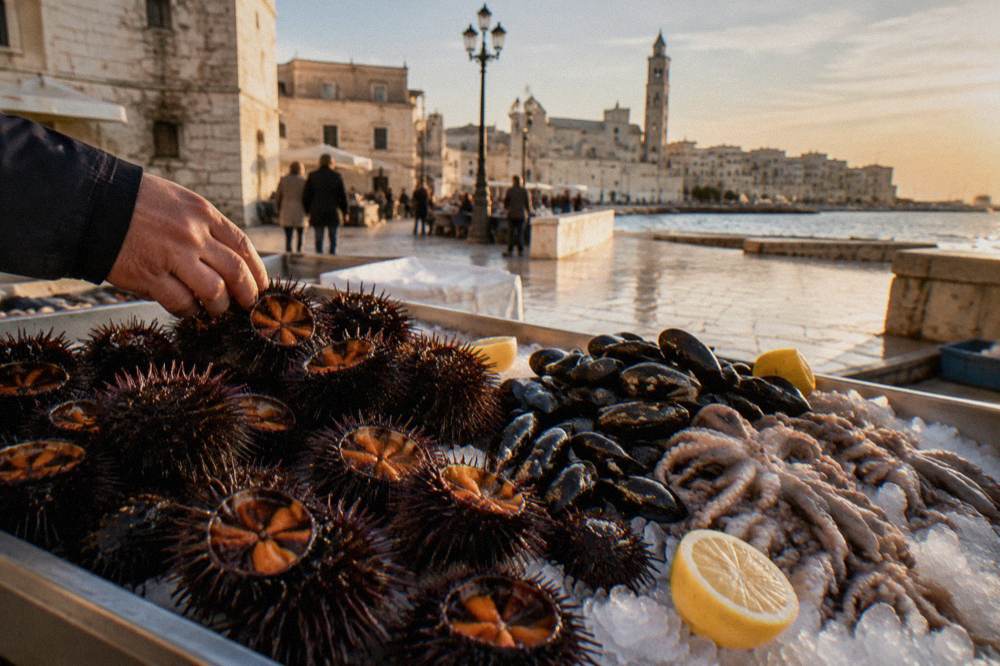 Fresh sea urchins, mussels and small octopus on crushed ice with lemon halves on a stone market counter