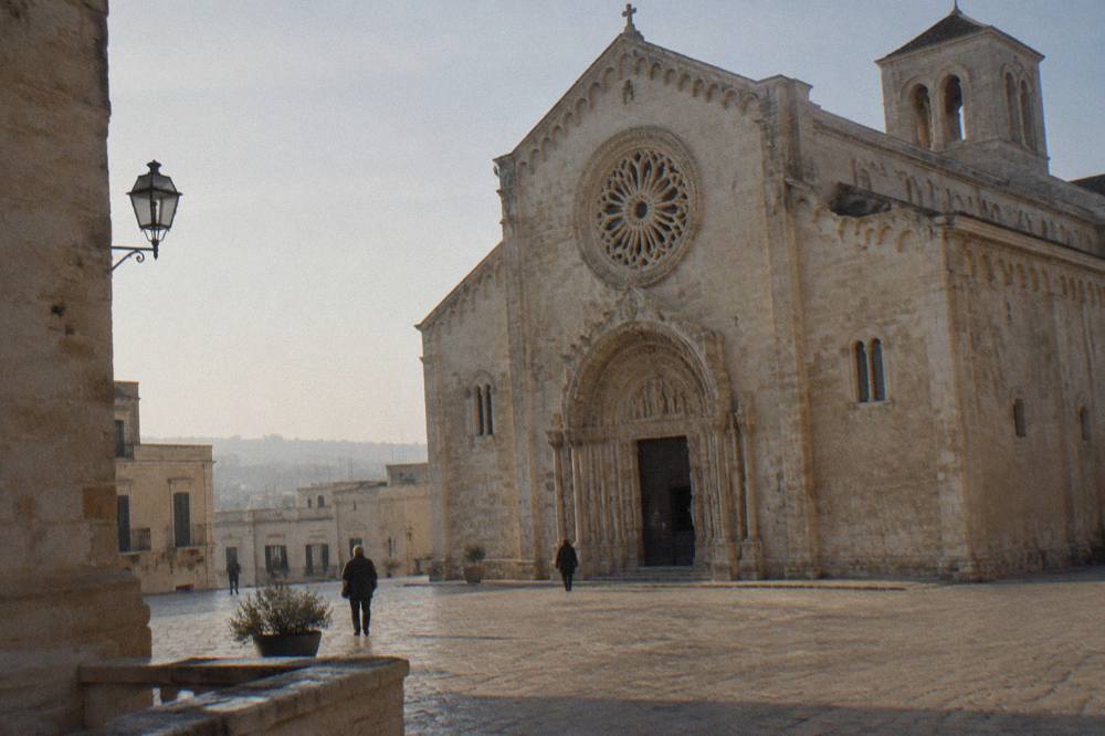 Romanesque cathedral in warm limestone with a carved rose window and portal on a small square