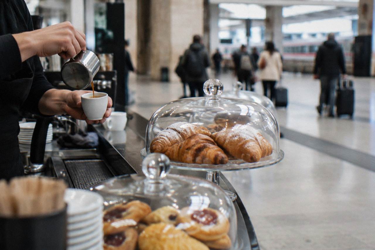Station cafe counter with hands pouring an espresso and pastries under a glass dome