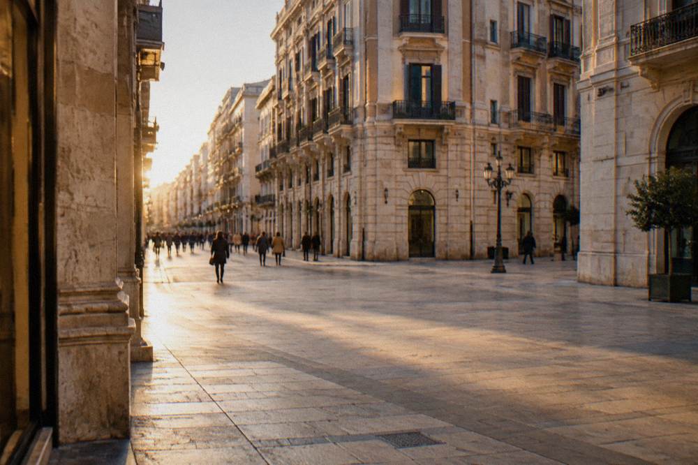 Shoppers far off crossing the paved intersection of a pedestrian street between tall facades
