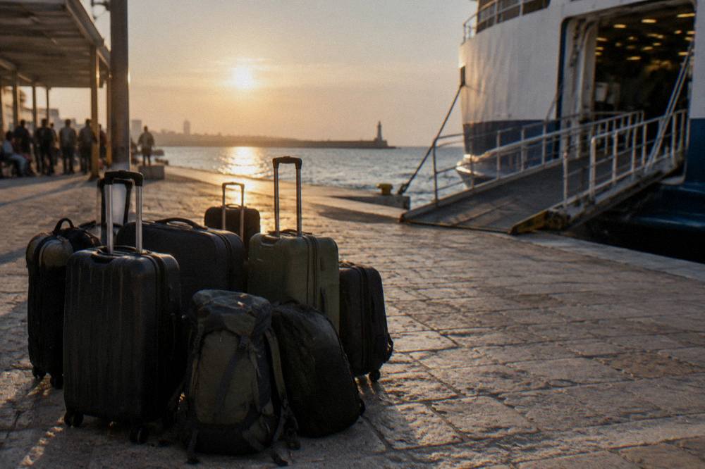 Suitcases and rucksacks stacked on a sunlit quay beside a ferry gangway with travellers waiting in the shade