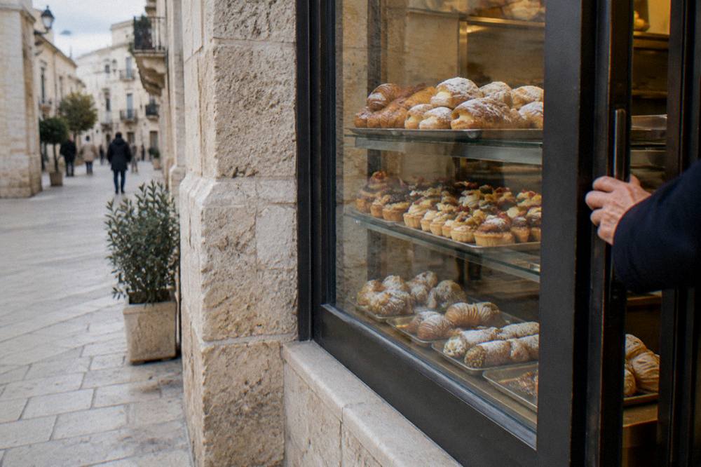 Pastry shop window with trays of pastries behind glass and a hand reaching for the door