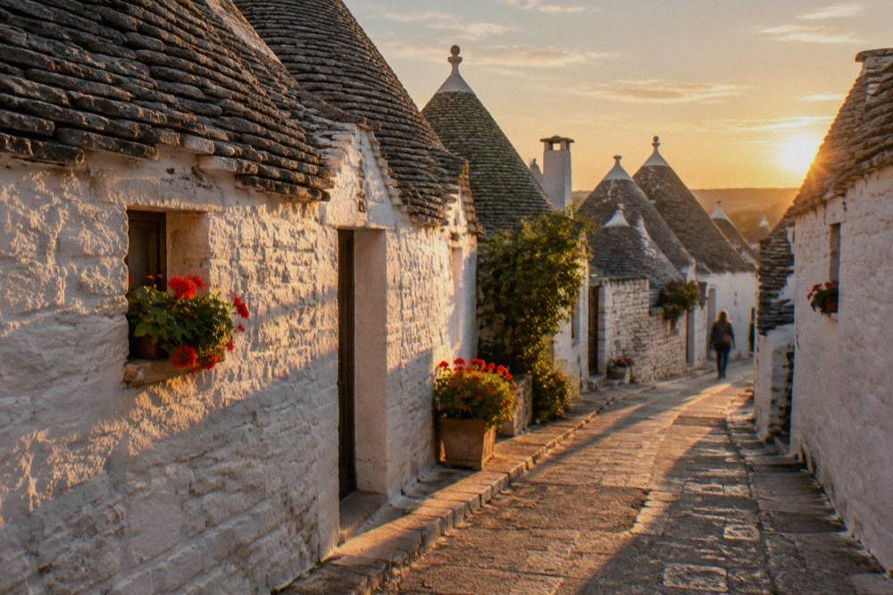 Quiet lane of conical-roofed houses at golden hour with long shadows and window boxes of geraniums