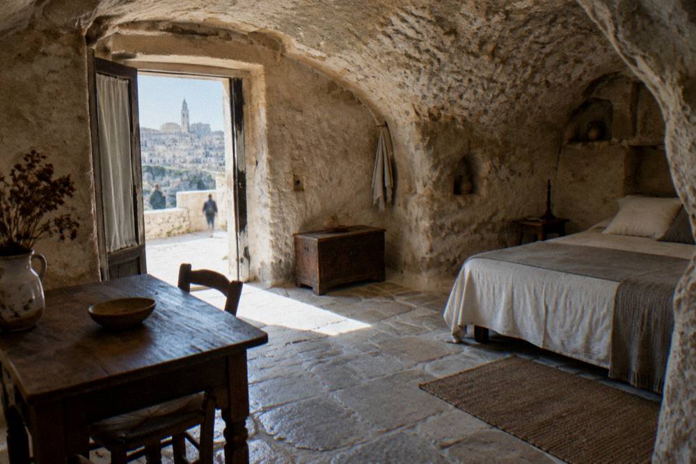 Inside a restored cave dwelling with an arched rock ceiling, a simple bed and a wooden table
