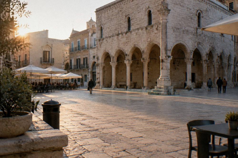 Old town square with a medieval arcaded loggia, a slender stone column and cafe tables under parasols in soft morning light