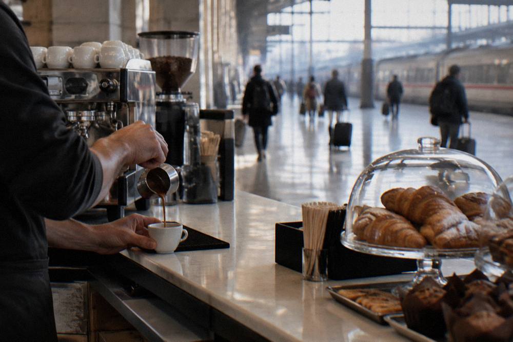 Station cafe counter with hands pouring an espresso and pastries under a glass dome