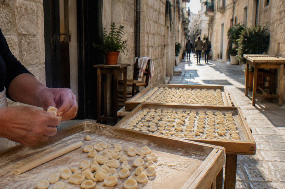 Handmade orecchiette drying on wooden trays on tables along a narrow old town lane, a pair of hands shaping pasta