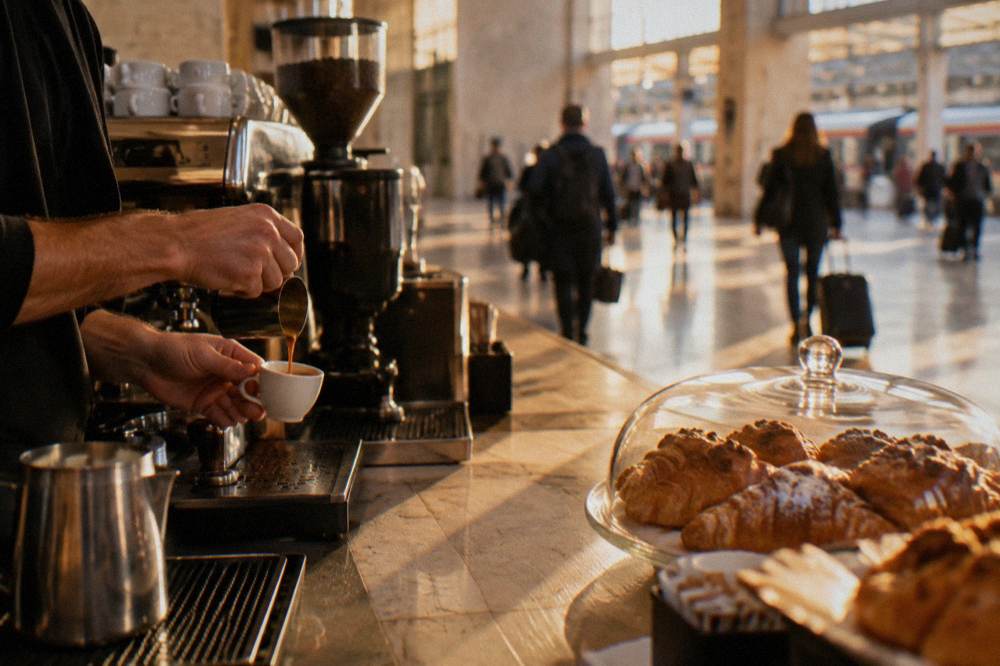 Station cafe counter with hands pouring an espresso and pastries under a glass dome