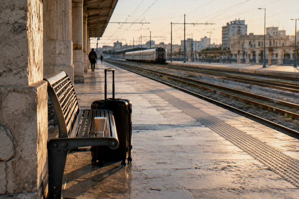 Platform bench with a suitcase and a paper cup beside empty tracks and a distant plain train