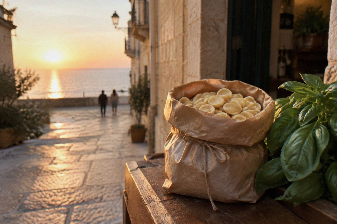 Paper bag of dried orecchiette tied with string on a wooden counter next to a bunch of basil